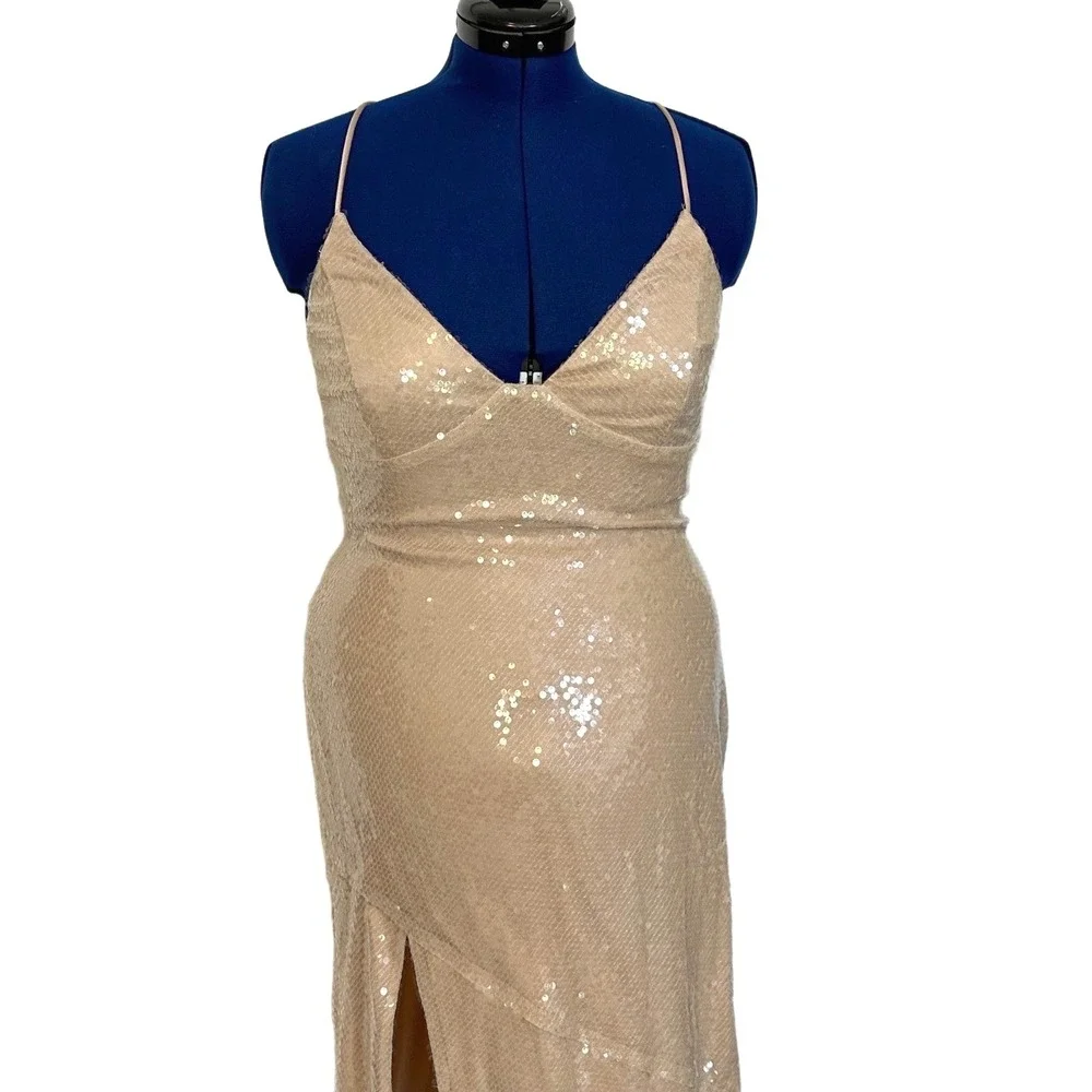 Babyboo Bells Maxi Dress Sequin Lace Up Back XL Nude Formal Prom BBF3507-D